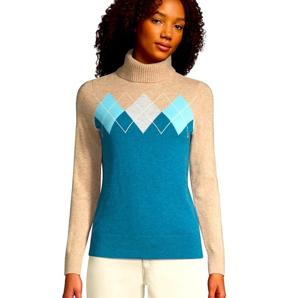 Lands' End Argyle Turtleneck Cashmere Sweater, Size S